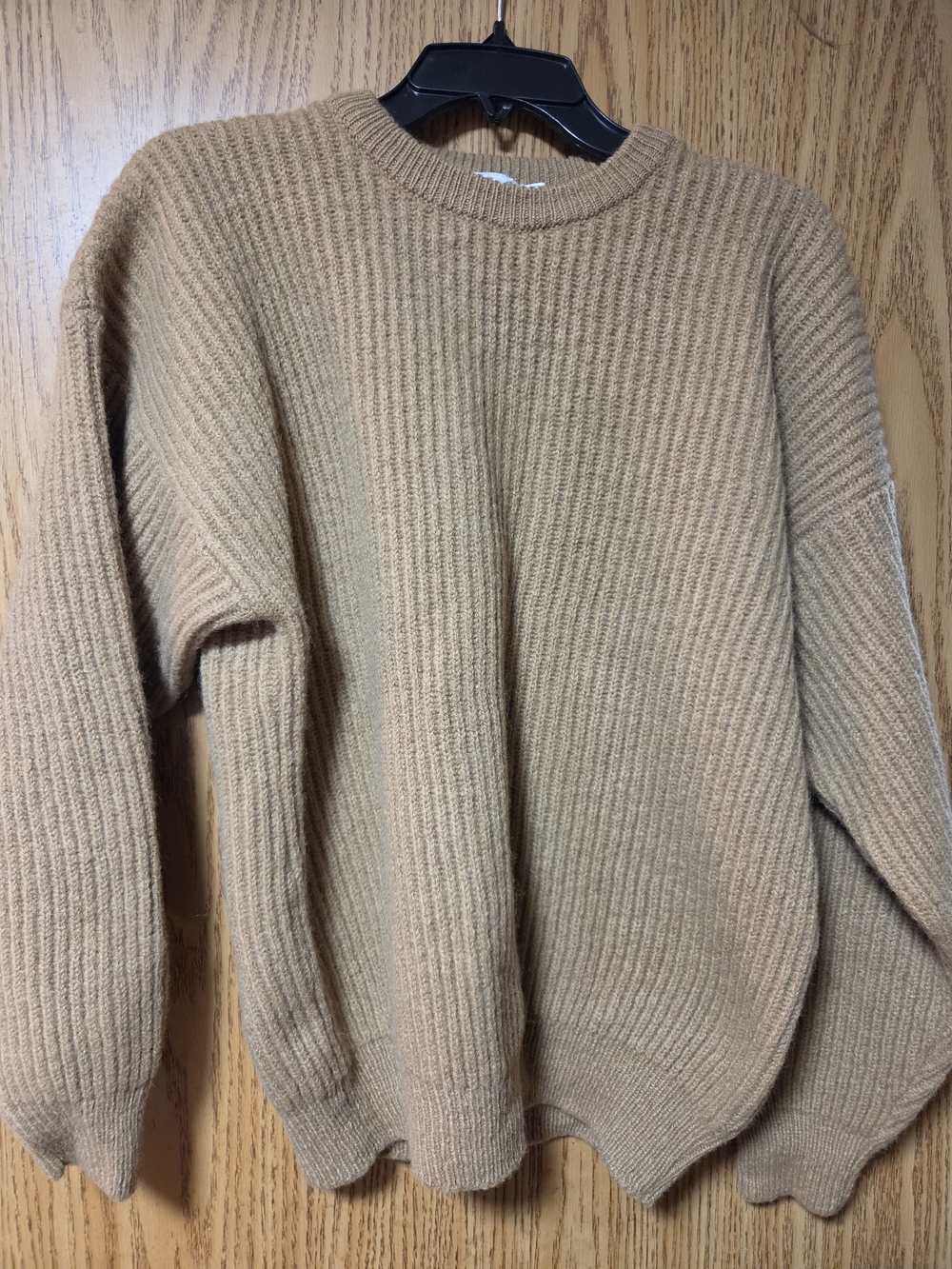 Classic Crewneck Ribbed Sweater in Camel Shetland Wool With Imperfections